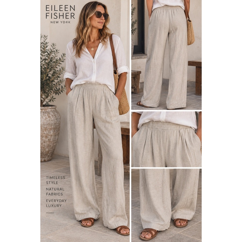 Eileen Fisher Sz M Linen Wide Leg Crop Pants Pleated Elastic Waist Casual Luxury